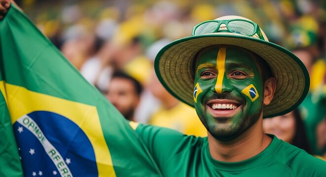 Brazilian soccer fan celebrating with flag and painted face in stadium