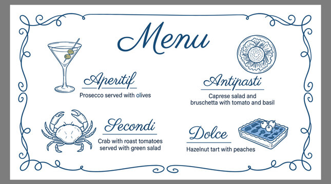 Elegant Italian Restaurant Menu Template Vector Featuring Vintage Border Frame Illustrations for Aperitif Antipasti Secondi and Dolce Course Layout Designs
