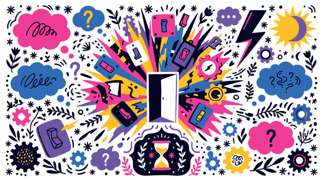 Concept and creativity vector icons with question mark, light switch and gears for infographic design in colorful illustration
