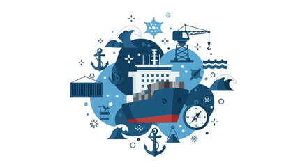 Obraz premium Global Logistics and Maritime Shipping Concept Illustration with Cargo Ship, Anchors, and Port Crane in Flat Vector Style