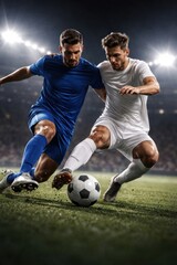 Naklejka premium Intense soccer match under lights.