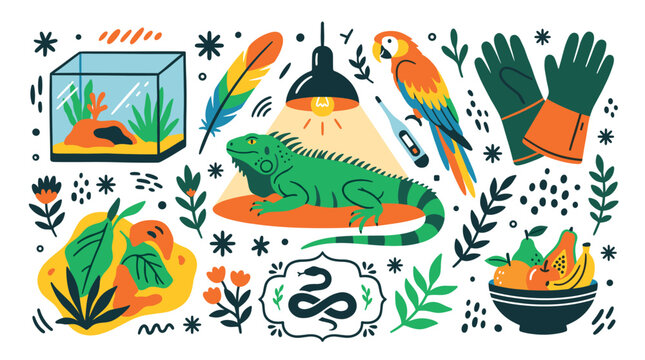 pets and reptiles concept icons with iguana, terrarium and parrot for web design in bright colorful illustration