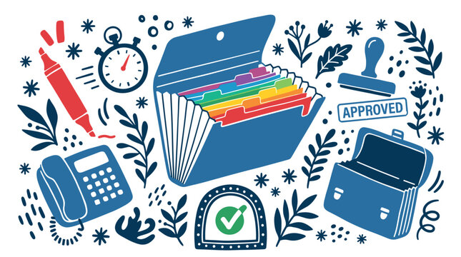 office organization and approval concept icons with file folder, stamp and telephone for presentation design in flat vector art