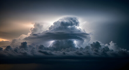 Obraz premium Dramatic Storm Clouds Rolling Over Dark Ocean at Sunset with Moody Lighting