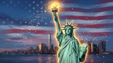 Fototapeta premium Statue of Liberty with glowing torch and American flag background, patriotic United States monument at dusk, New York City skyline with fireworks