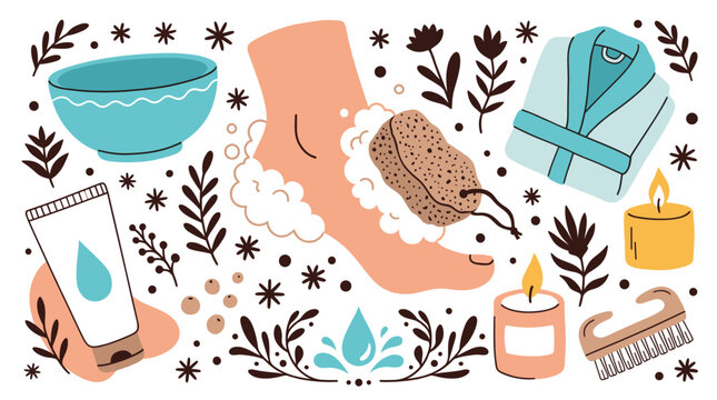 Foot care and spa concept icons with foot scrub, lotion tube and candle for presentation design in minimal flat illustration style