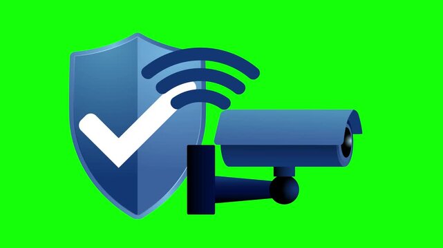 CCTV Security Camera Motion Graphic, Video Surveillance Protection Animation, Wireless Security System Loop with Shield Icon
