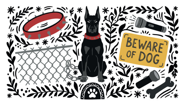 dog safety and warning design icons with guard dog, collar and paw print for presentation materials design in bold colorful illustration