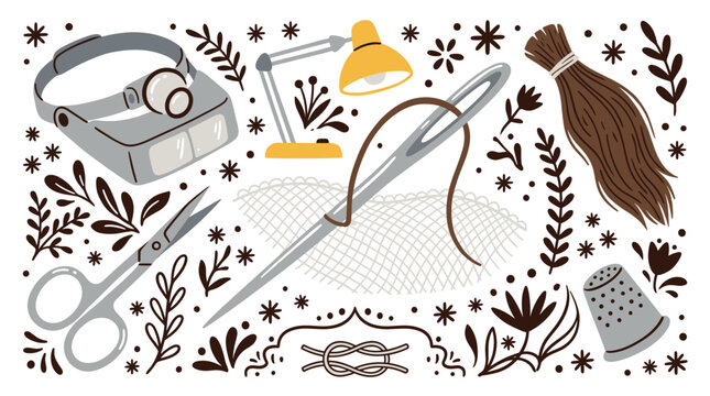 Sewing and crafting concept icons with needle, scissors and thimble for branding design in minimal hand drawn style