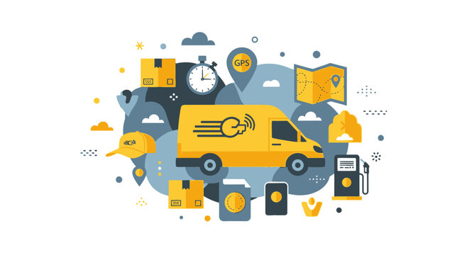 Logistics and Delivery Service Concept Illustration with Yellow Van, GPS Tracking, Express Shipping, and E-commerce Symbols