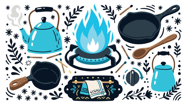 Cooking and kitchenware concept icons with stove flame, kettle and frying pan for web design in colorful illustration