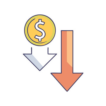 Money symbol falling with downward arrow icon - Simple vector icon showing a dollar sign dropping down with a bold red downward arrow indicating decrease or loss.