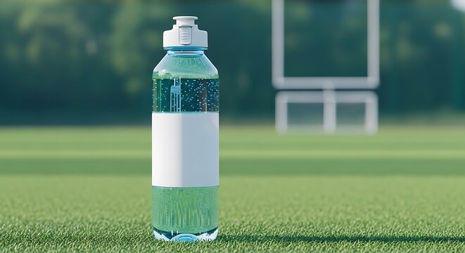 Reusable water bottle on a sports field for hydration during outdoor games