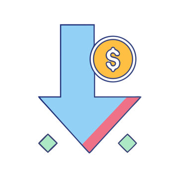 Down arrow with dollar sign icon - A colorful downward arrow icon featuring a dollar sign, symbolizing financial decrease or cost reduction in a flat design style.