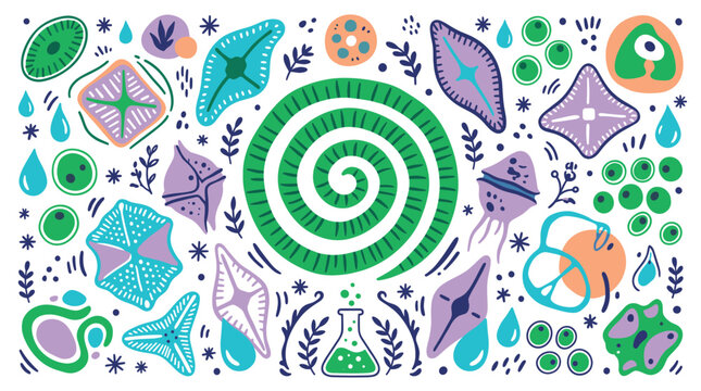 Microbiology and science design icons with spiral, cells and flask for print infographic design illustration