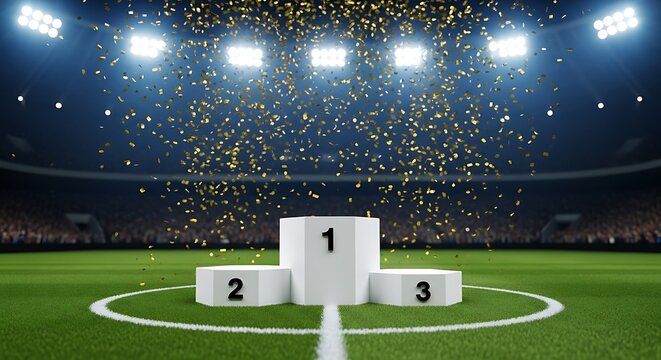 Celebratory sports podium on soccer field with confetti and stadium lights