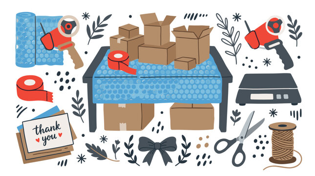 shipping and packaging UI elements with boxes, tape and scissors for web design in flat illustration style