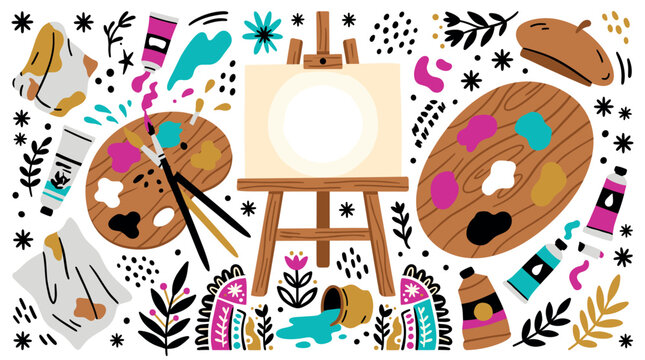 Art and creativity design icons with paintbrush, easel and palette for presentation design in colorful illustration style