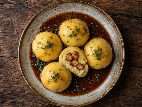 Fr&auml;nkische Kartoffelkl&ouml;&szlig;e mit ger&ouml;steten Brotw&uuml;rfeln in dunkler Bratenso&szlig;e, einer davon angeschnitten &ndash; traditionell deutsche Hausmannskost aus der Vogelperspektive.