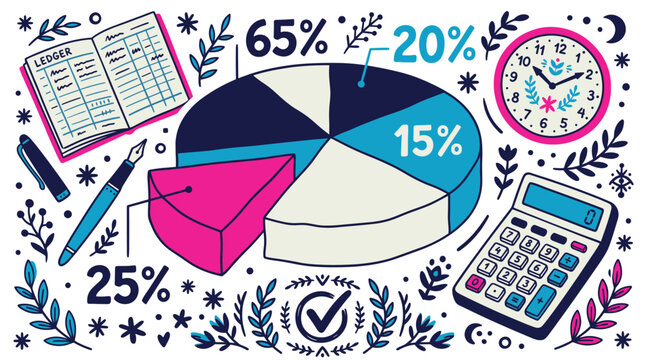 Finance and accounting design icons with pie chart, calculator and ledger for infographic presentation in colorful illustration style