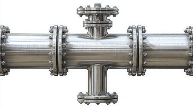 Industrial stainless steel pipe with flanges isolated on white background