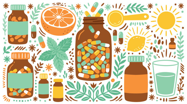 natural supplements and herbal medicine design icons with pill bottles, lemon and mint for branding design in colorful illustration