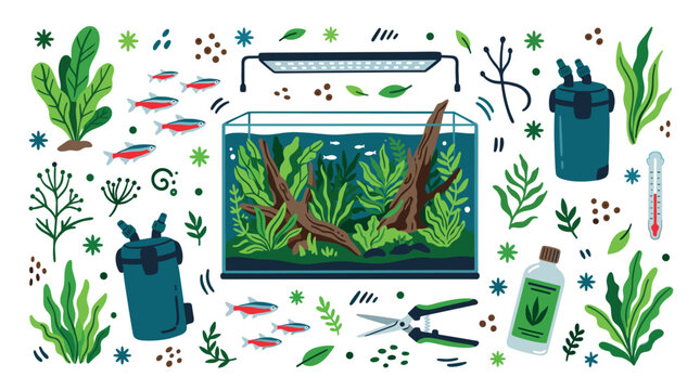 Aquarium and fish care design icons with fish tank, aquascape and filter equipment for mobile app design in flat colorful style