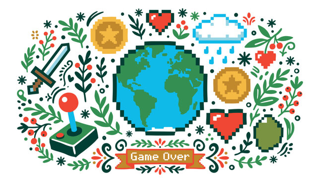 Video game and pixel art concept icons with joystick, earth and hearts for gaming app interface in colorful vector art