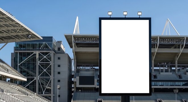 Large blank billboard mockup in front of modern sports stadium on clear day