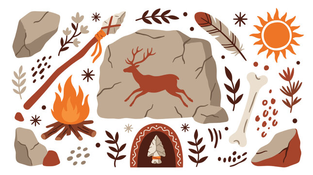 Prehistoric and nature vector icons with spear, fire and deer painting for infographic design in earthy illustration