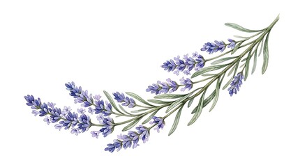Lavender Branch with Purple Flowers on White Background