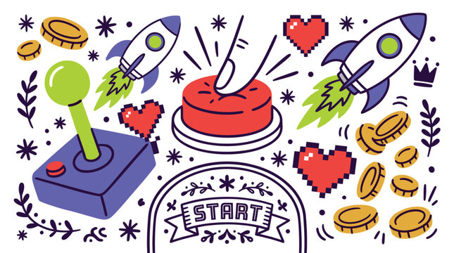 Gaming and startup concept icons with joystick, rocket and start button for mobile app design in colorful illustration