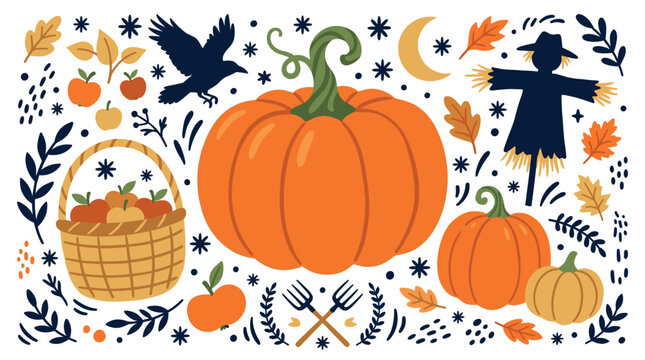 Autumn and harvest concept icons with pumpkin, basket and scarecrow for print seasonal design in colorful vector art