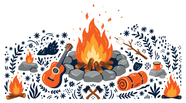 Camping and outdoor vector icons with campfire, guitar and marshmallow for branding design in flat colorful style