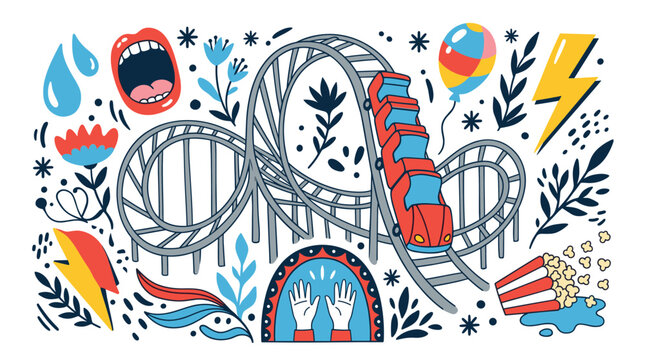 Amusement park and fun concept icons with roller coaster, popcorn and lightning bolt for mobile app design in playful colorful style