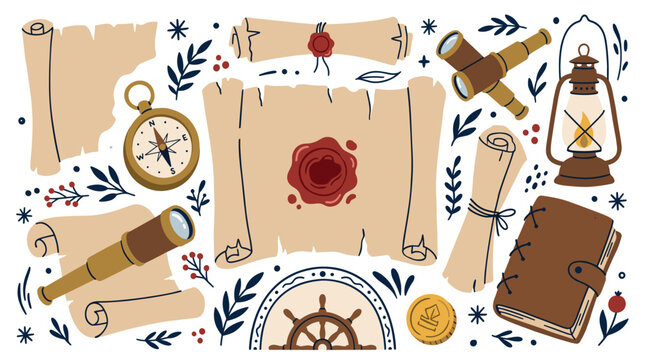 Vintage navigation and discovery vector icons with scrolls, lantern and telescope for treasure hunting branding in antique style illustration