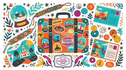 Fototapeta premium Travel and vacation vector icons with suitcase, postcards and snow globe for presentation design in colorful vector art