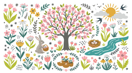 Fototapeta premium Spring and nature vector icons with cherry tree, rabbit and nest for garden branding in bright colorful design