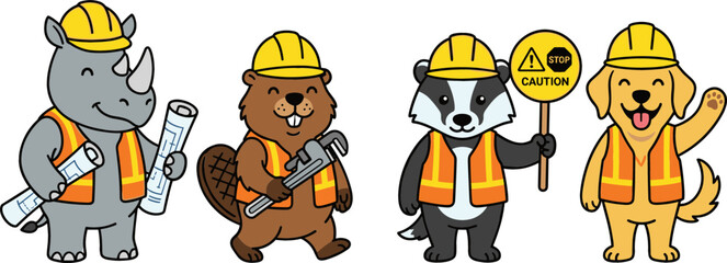 Cute Construction Animals Vector Character Set with Rhino Beaver Badger and Dog in Hard Hats and Safety Vests for Under Construction Web Designs © amzad