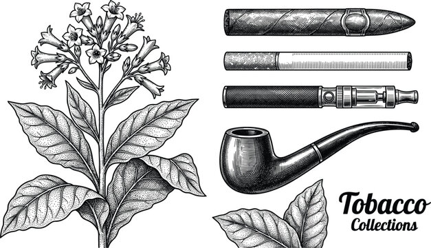 Vintage Tobacco Collection Vector Set Featuring Detailed Botanical Plant Illustration Cigar Cigarette Electronic Vape and Pipe Engravings for Smoke Shop Designs