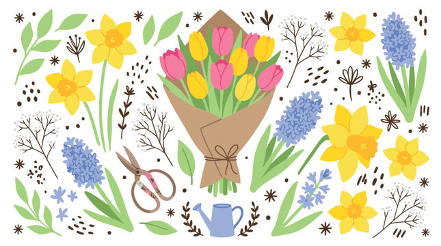 Flowers and gardening concept icons with tulip bouquet, watering can and pruning shears for marketing design in colorful illustration style