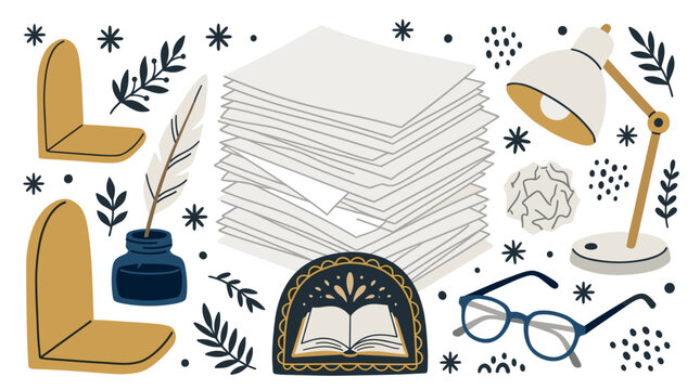 Office and writing concept icons with paper stack, desk lamp and glasses for presentation design in flat style