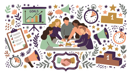Fototapeta premium teamwork and planning concept icons with stopwatch, chart and handshake for presentation design style