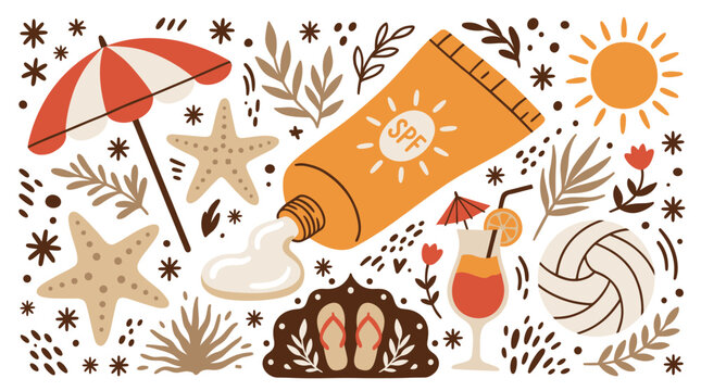 Summer and beach concept icons with sunscreen tube, umbrella and starfish for presentation design in colorful vector art