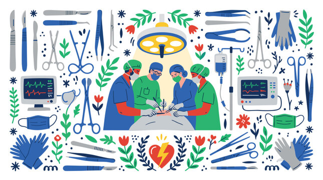 Surgery and medical tools concept icons with surgeons, scalpel and monitor for hospital presentation in flat hand drawn design