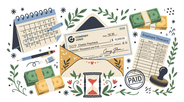 payroll and finance vector icons with paycheck, calendar and employee timecard for business dashboard in hand drawn illustration