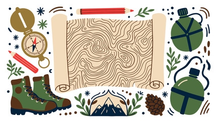 Naklejka premium Adventure and exploration vector icons with compass, map and boots for outdoor activity design in colorful illustration