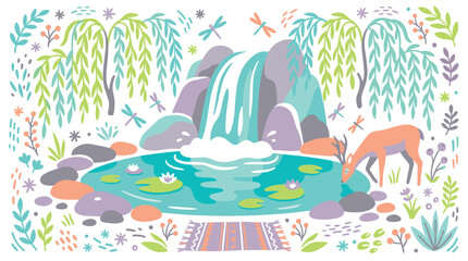 Fototapeta premium nature and wildlife concept icons with waterfall, deer and plants for branding design in pastel illustration style