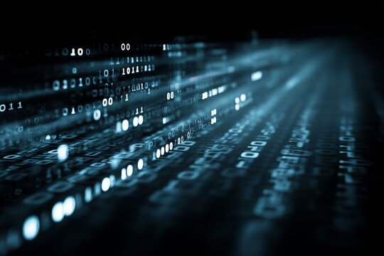 A matrix style perspective technology background showcasing streams of glowing white data code numbers speeding past into dark digital space
