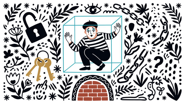 Security and imprisonment icon set with mime, lock and keys for presentation design in minimal outline style